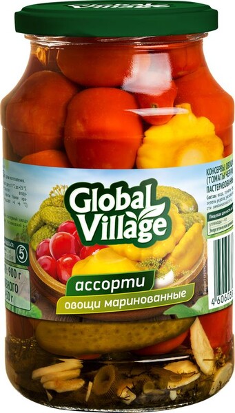 Ассорти Global Village маринованное патиссоны, черри, огурцы 900г