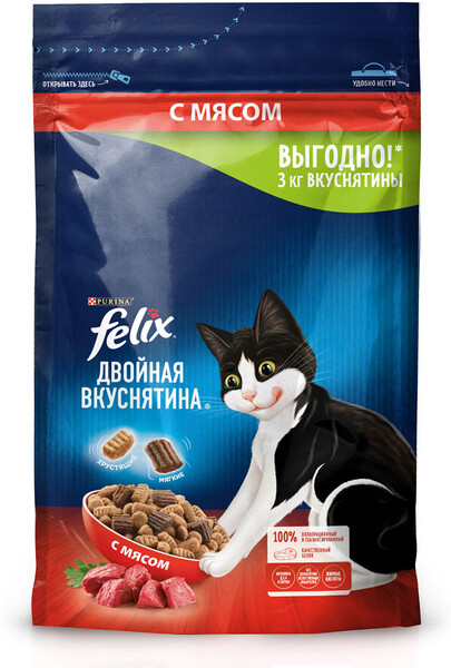 Сухой корм для взрослых кошек Felix Двойная Вкуснятина с мясом, 3 кг