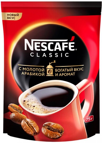 Кофе Nescafe Classik 100% натуральный растворимый порошкообразный с добавлением жареного молотого кофе 75 г