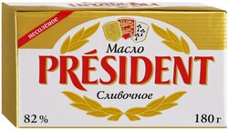 Масло кислосливочное несоленое President высший сорт 82%, 180г