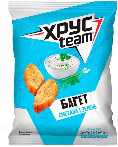 Сухарики ХрусTeam Багет Сметана Зелень 60 гр., флоу-пак