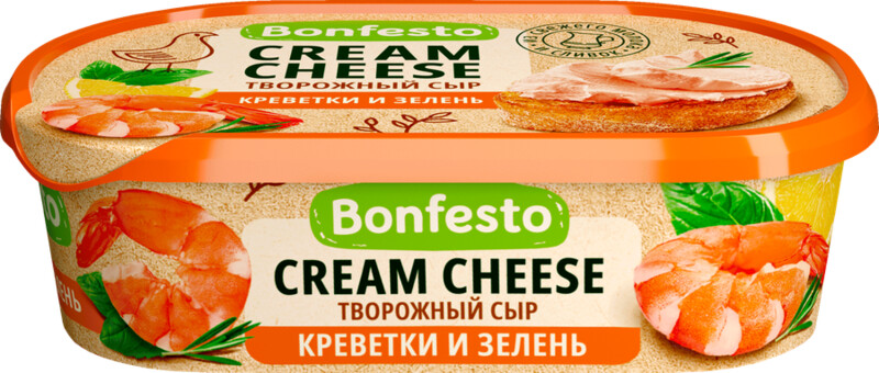 Сыр творожный BONFESTO Кремчиз Креветки и зелень 65%, без змж, 140г