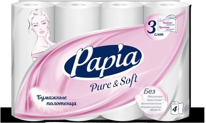 Полотенца бумажные Papia PURE&SOFT 3 слоя 4 рулона