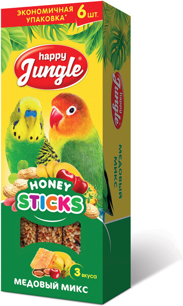 Лакомство для птиц HAPPY JUNGLE Палочки медовый микс, 6шт