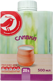 Сливки Auchan Красная Птица стерилизованные 20%, 500 мл