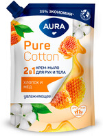 Крем-мыло 2в1 для рук и тела AURA Pure Cotton Хлопок и мёд дой-пак 450 мл., дой-пак