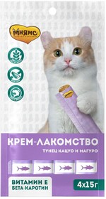 Крем-лакомство для кошек «Мнямс» с тунцом Кацуо и Магуро, 4x15 г
