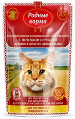 Корм консервированный для кошек «Родные корма» полнорационный с ягнёнком и рубцом кусочки в желе по-архангельски, 85 г