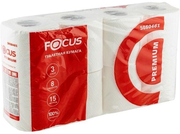 Бумага туалетная Focus трехслойная белая 8 рул., пакет