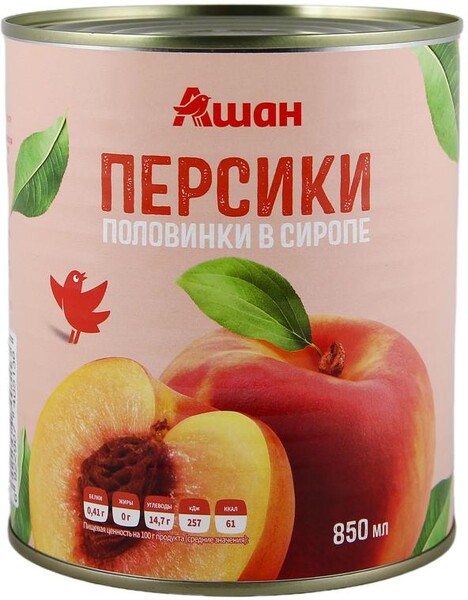 Персики консервированные АШАН Красная птица половинки в сиропе, 425 мл
