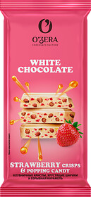 Шоколад белый «O'Zera» c клубничными криспами, хрустящими шариками и взрывной карамелью, 90 г