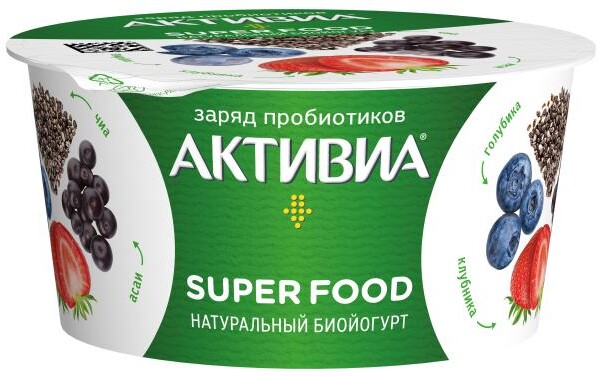 Йогурт «АктиБио» Super food с клубникой голубикой асаи и семенами чиа 2,2% БЗМЖ, 140 г