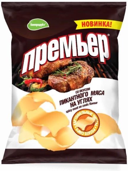 Чипсы картофельные Премьер со вкусом пикантного мяса на углях 70 гр., флоу-пак