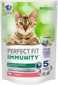 Корм сухой для иммунитета кошек PERFECT FIT Immunity говядина семена льна голубика, 580 г