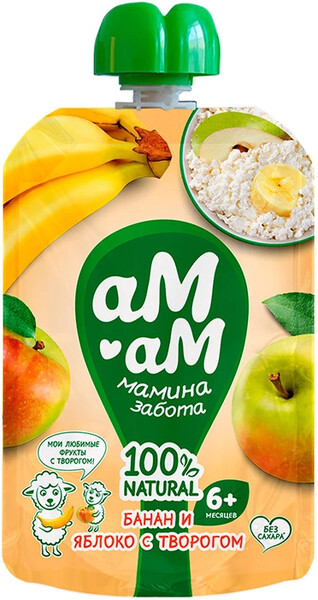 Пюре фруктовое Ам-Ам Яблоко банан и творог с 6 месяцев пауч 90 г