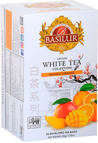 Чай Basilur Белый чай со вкусом манго и апельсин 20 пакетиков 30 гр., картон