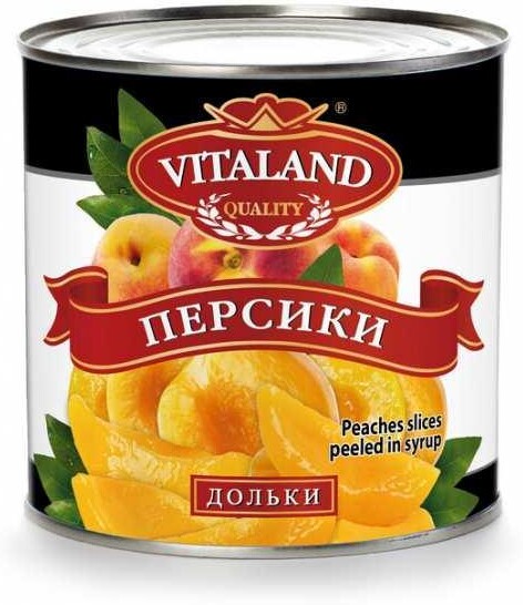 Персики консервированные дольки, Vitaland, 3,1 л., жестяная банка