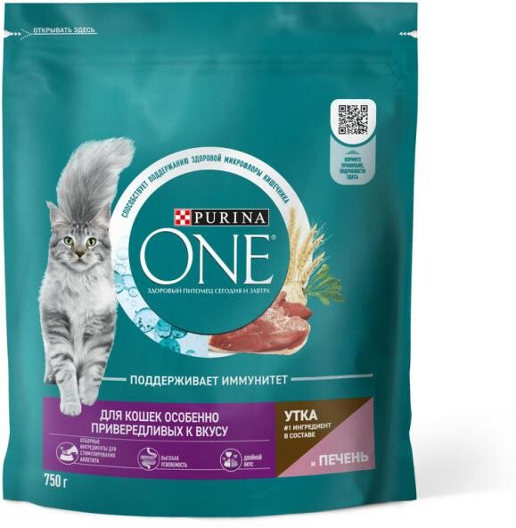 Сухой корм Purina ONE полнорационный для кошек особенно привередливых к вкусу с высоким содержанием утки и c печенью, 750 гр., дой-пак