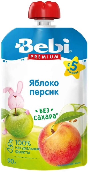 Пюре фруктовое Bebi Premium Яблоко, персик 90 гр., дой-пак с дозатором
