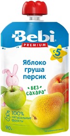 Пюре фруктовое Bebi Premium Яблоко, груша, персик 90 гр., дой-пак с дозатором