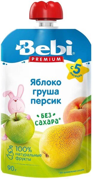 Пюре фруктовое Bebi Premium Яблоко, груша, персик 90 гр., дой-пак с дозатором
