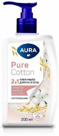 Крем-мыло 2в1 для рук и тела AURA Pure Cotton Хлопок и овсяное молочко 300 мл., флакон с дозатором