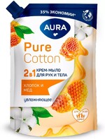Крем-мыло 2в1 для рук и тела AURA Pure Cotton Хлопок и мёд дой-пак 450 мл., дой-пак