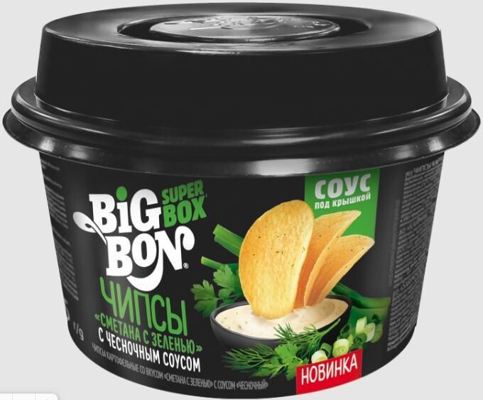 Чипсы Big Bon Snack Box Сметана и зелень с чесночным соусом 70 гр., ПЭТ