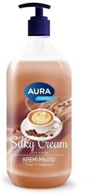 Крем мыло шелк и кофе Aura silky cream флакон дозатор 1000 мл., флакон с дозатором