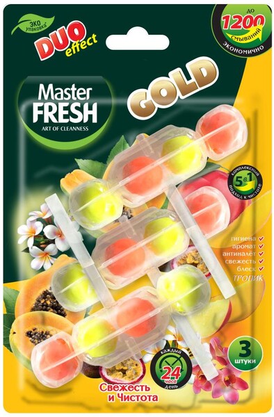 Блок подвесной для унитаза Master Fresh Duo Effect 1200 смываний 5в1 формула Gold Тропик, 3 шт