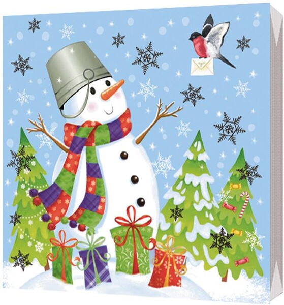 Салфетки бумажные трёхслойные сервировочные 33х33 20 штук Bulgaree Green Снеговик-затейник, пластиковый пакет