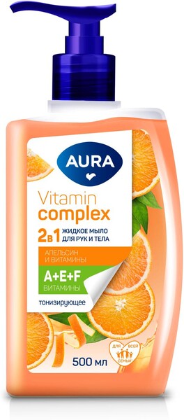 Мыло жидкое Aura Vitamin Complex 2в1 для рук и тела Апельсин и витамины, 500 мл