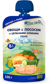ПЮРЕ FLEUR ALPINE ОВОЩИ С ЛОСОСЕМ И ЦЕЛЬНЫМИ ЗЛАКАМИ С 8 МЕС., 100 Г