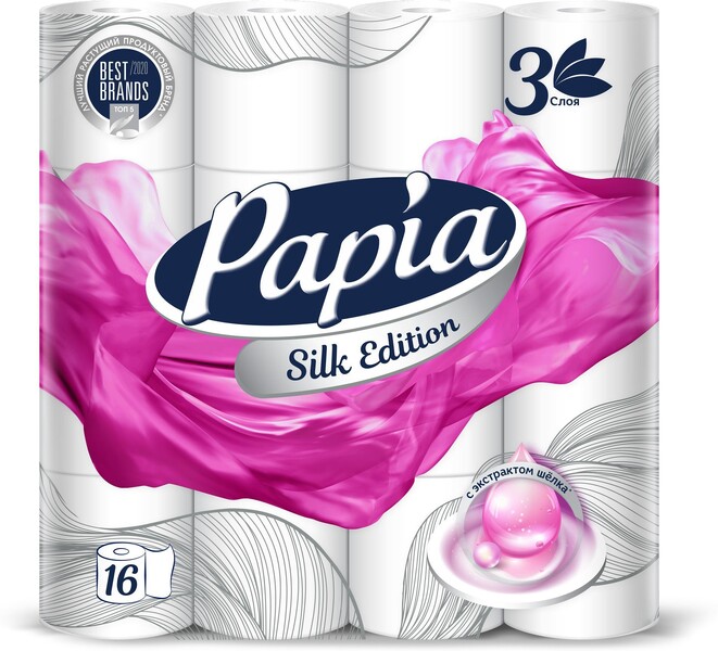Туалетная бумага PAPIA SILK EDITION 3 слоя 16 рулонов WR, пакет