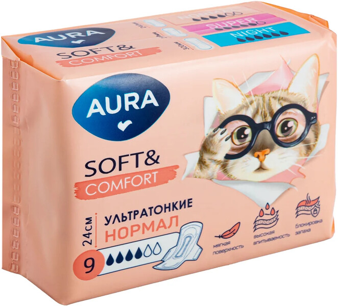 Прокладки гигиенические женские Aura soft&comfort normal, 9 шт