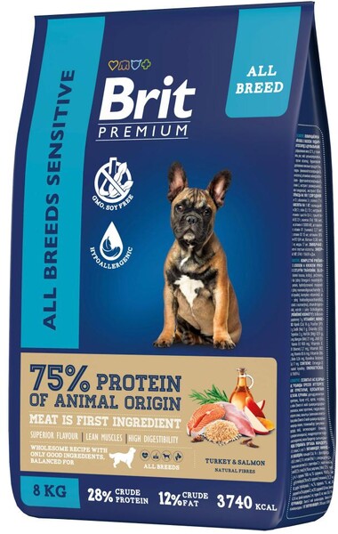 Сухой корм для собак Brit Premium  с лососем и индейкой  Dog Sensitive, 8 кг