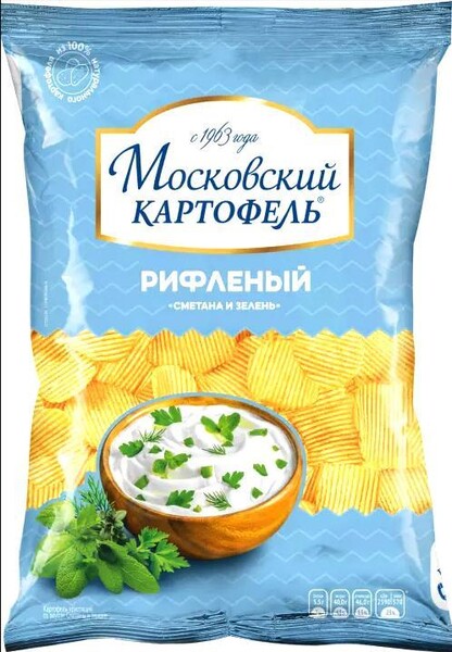 Чипсы картофельные Московский картофель Сметана и зелень рифленые 60 гр., флоу-пак