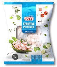 Креветки Vici очищенные обычные 200/300 варено-мороженые 1 кг., пластиковый пакет