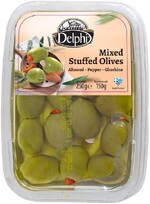 Ассорти оливок Delphi фаршированных миндалем пастой из перца корнишонами в рассоле 250 гр., лоток