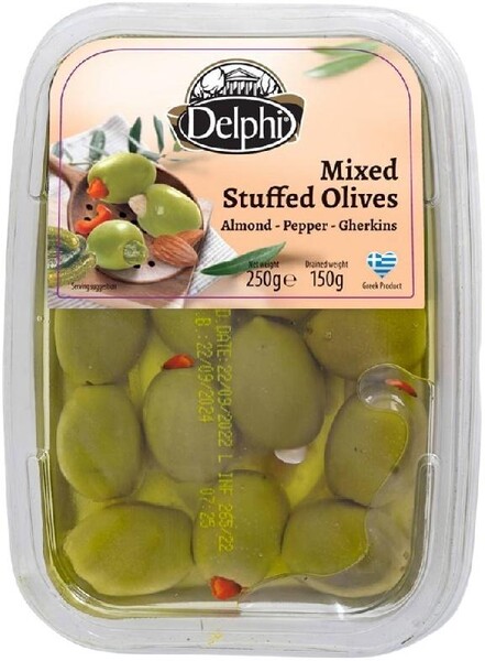Ассорти оливок Delphi фаршированных миндалем пастой из перца корнишонами в рассоле 250 гр., лоток