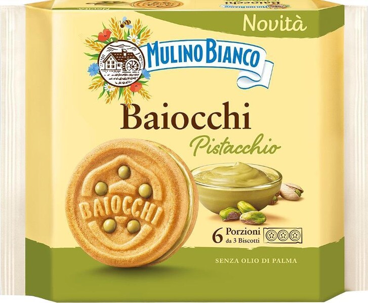 Печенье Mulino Bianco Baiocchi сахарное с фисташковой начинкой 168 гр., флоу-пак