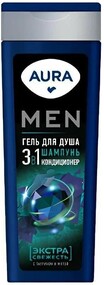 Гель для душа 3 в 1 Aura Men Экстра свежесть с таурином и ментолом, 380 мл