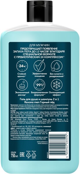 Гель для душа и шампунь 2 в 1 Rexona Men Горный лёд 750 мл