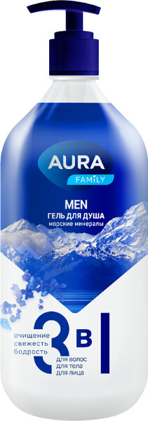 Гель для душа AURA Men 3 в 1 морские минералы 1000 мл