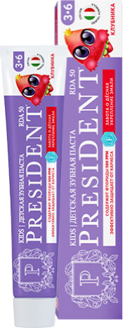 Зубная паста детская President Клубника 3-6 лет, 50 RDA, 70 г
