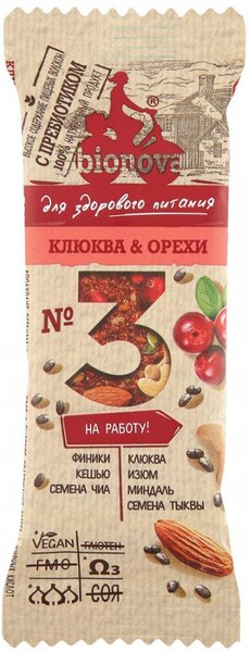 Батончик фруктово-ореховый Bionova Клюква, 35 г