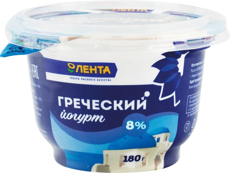 Йогурт ЛЕНТА Греческий 8%, без змж, 180г Россия, 180 г