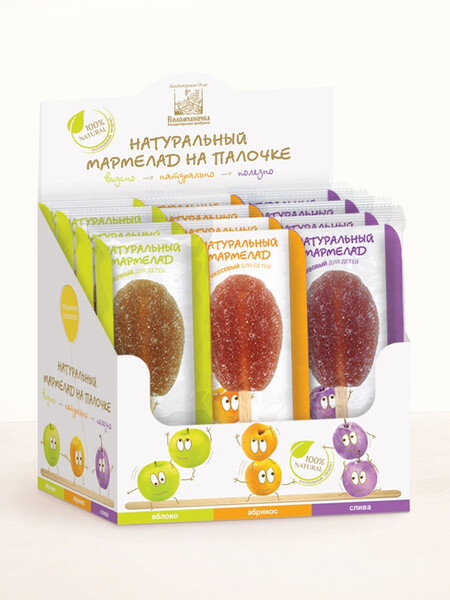 Мармелад натуральный на палочке ассорти (яблоко, абрикос, слива). Шоу-бокс, 12 х 35 г