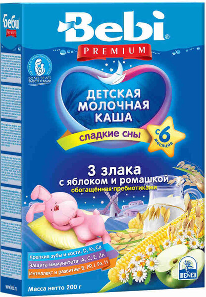 БЗМЖ Каша молочная Bebi Premium Для сладких снов 3 злака/яблоко/ромашка с 6мес 200г