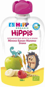 Пюре Hipp Organic Hippis с яблоком бананом малиной и злаками без сахара с 6 месяцев 100 г